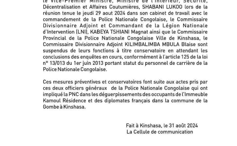 RDC: Le chef de la police de Kinshasa risque gros.